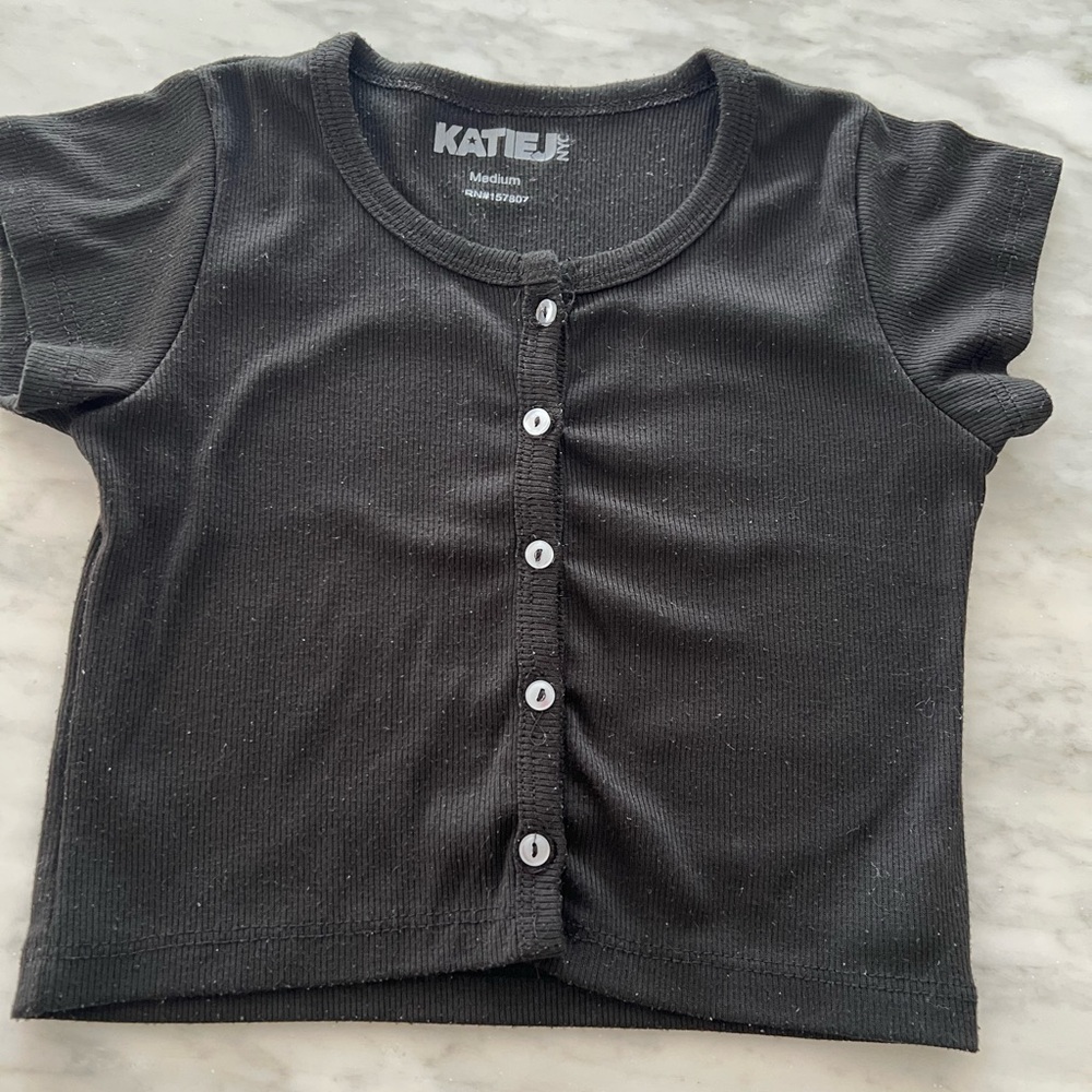 Katie J NYC Black Short Sleeve Button-Up Tee